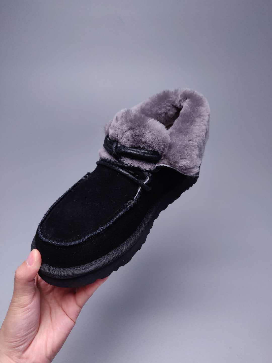Black Fluffy Trim Lace-Up Ankle Boots – In Stock