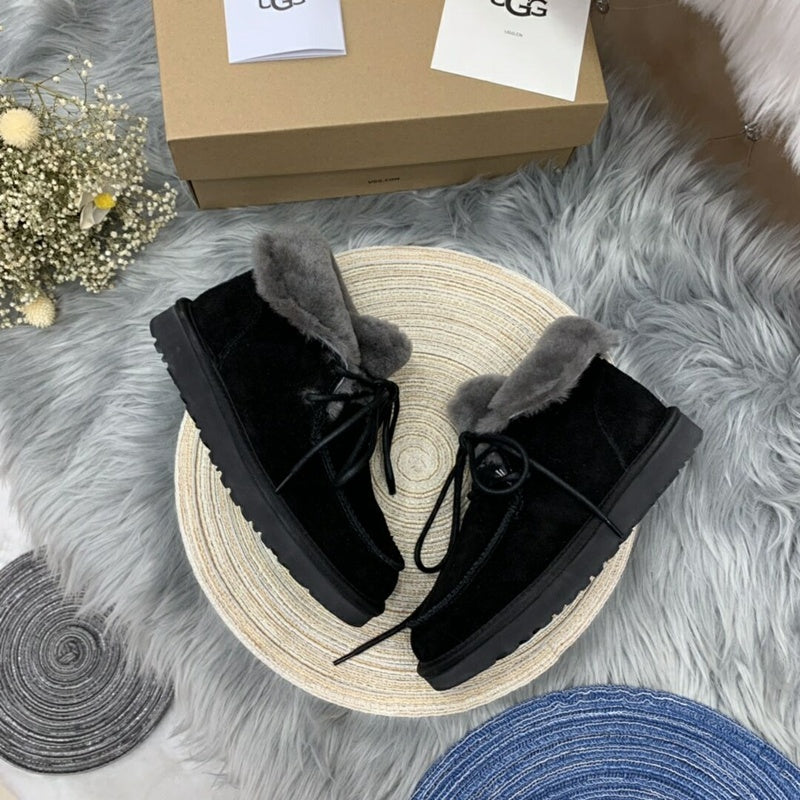 Black Fluffy Trim Lace-Up Ankle Boots – In Stock