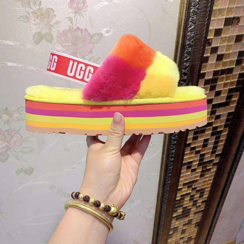 Yellow Color-Block Platform Fuzzy Sandals – In Stock