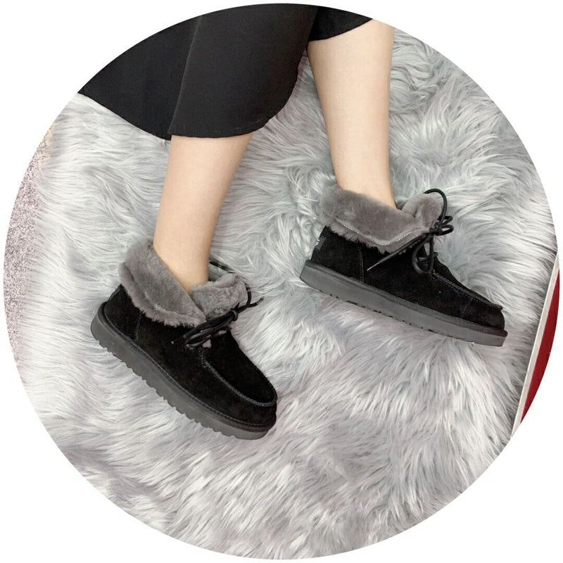 Black Fluffy Trim Lace-Up Ankle Boots – In Stock