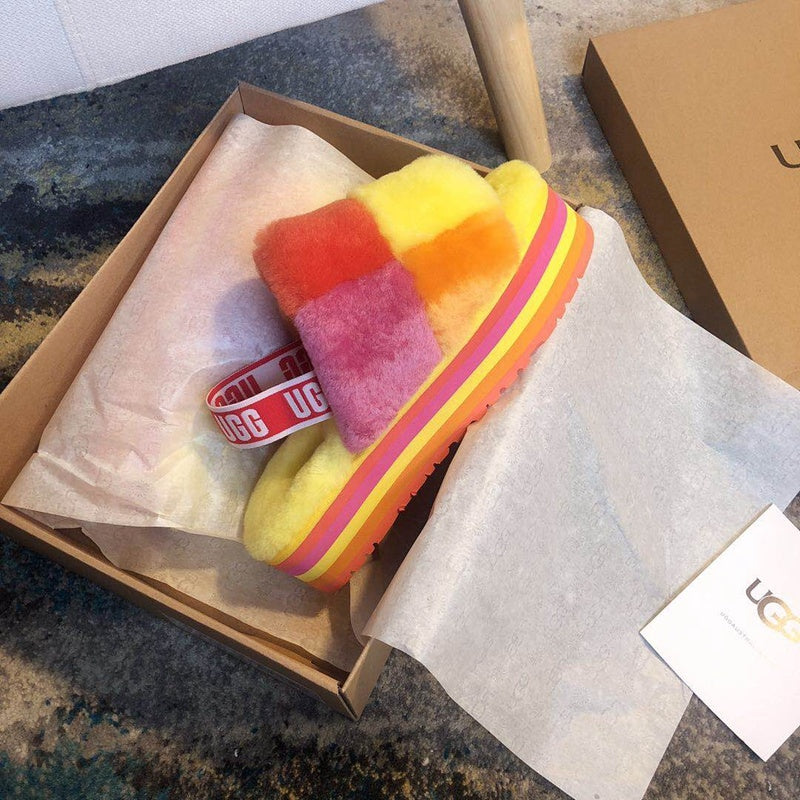 Yellow Color-Block Platform Fuzzy Sandals – In Stock