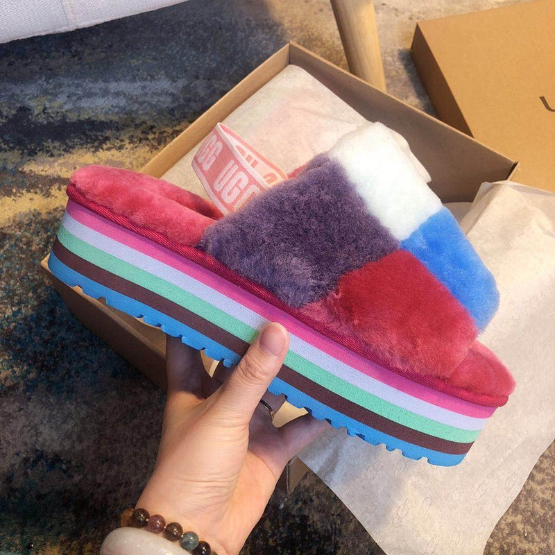 Rose Red Color-Block Platform Fuzzy Sandals – In Stock