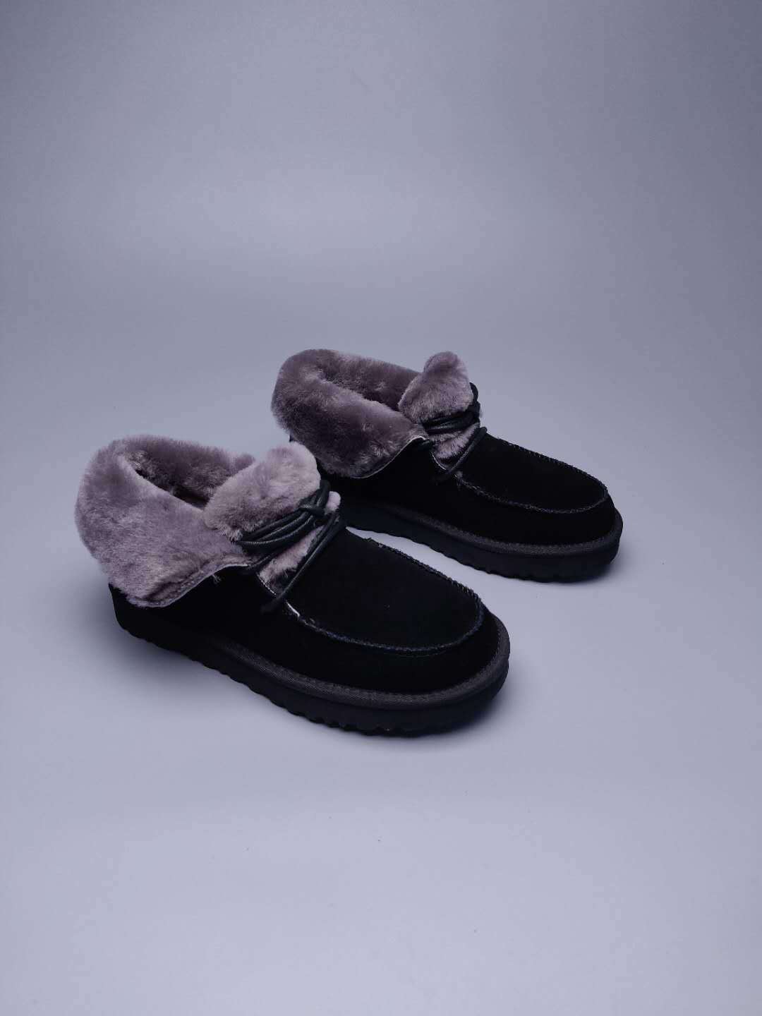 Black Fluffy Trim Lace-Up Ankle Boots – In Stock