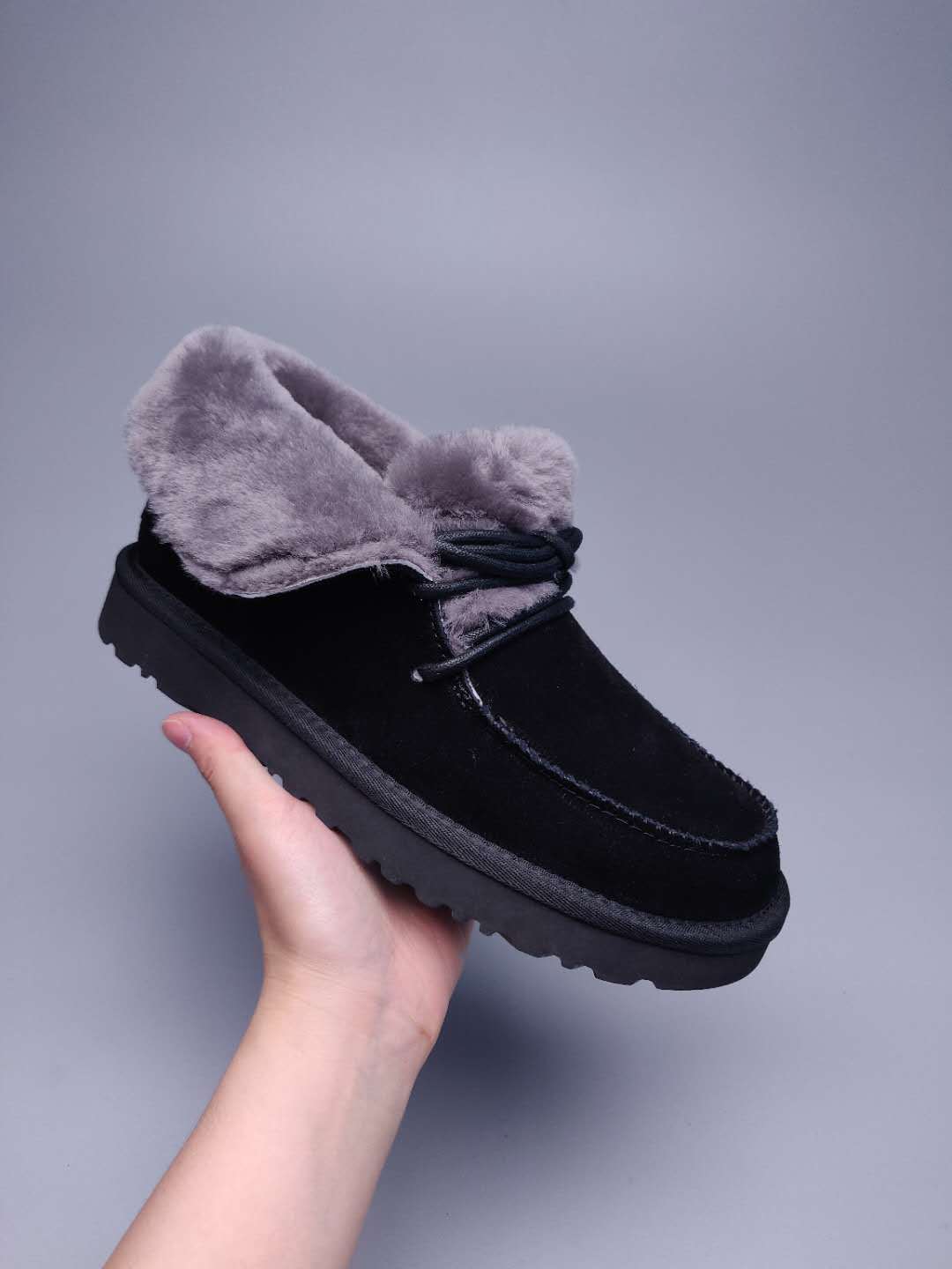 Black Fluffy Trim Lace-Up Ankle Boots – In Stock