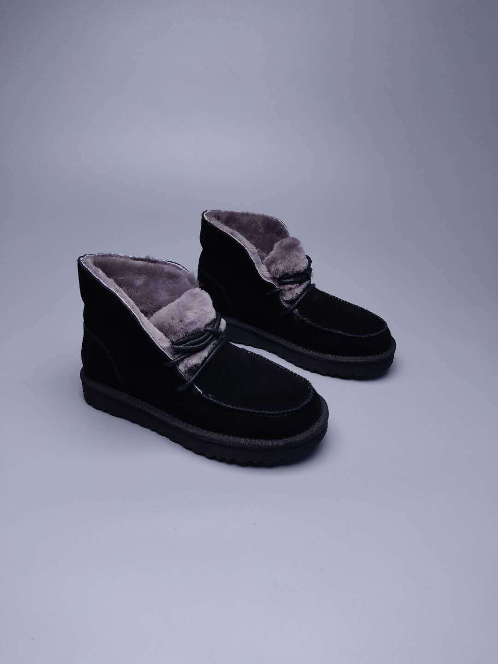 Black Fluffy Trim Lace-Up Ankle Boots – In Stock