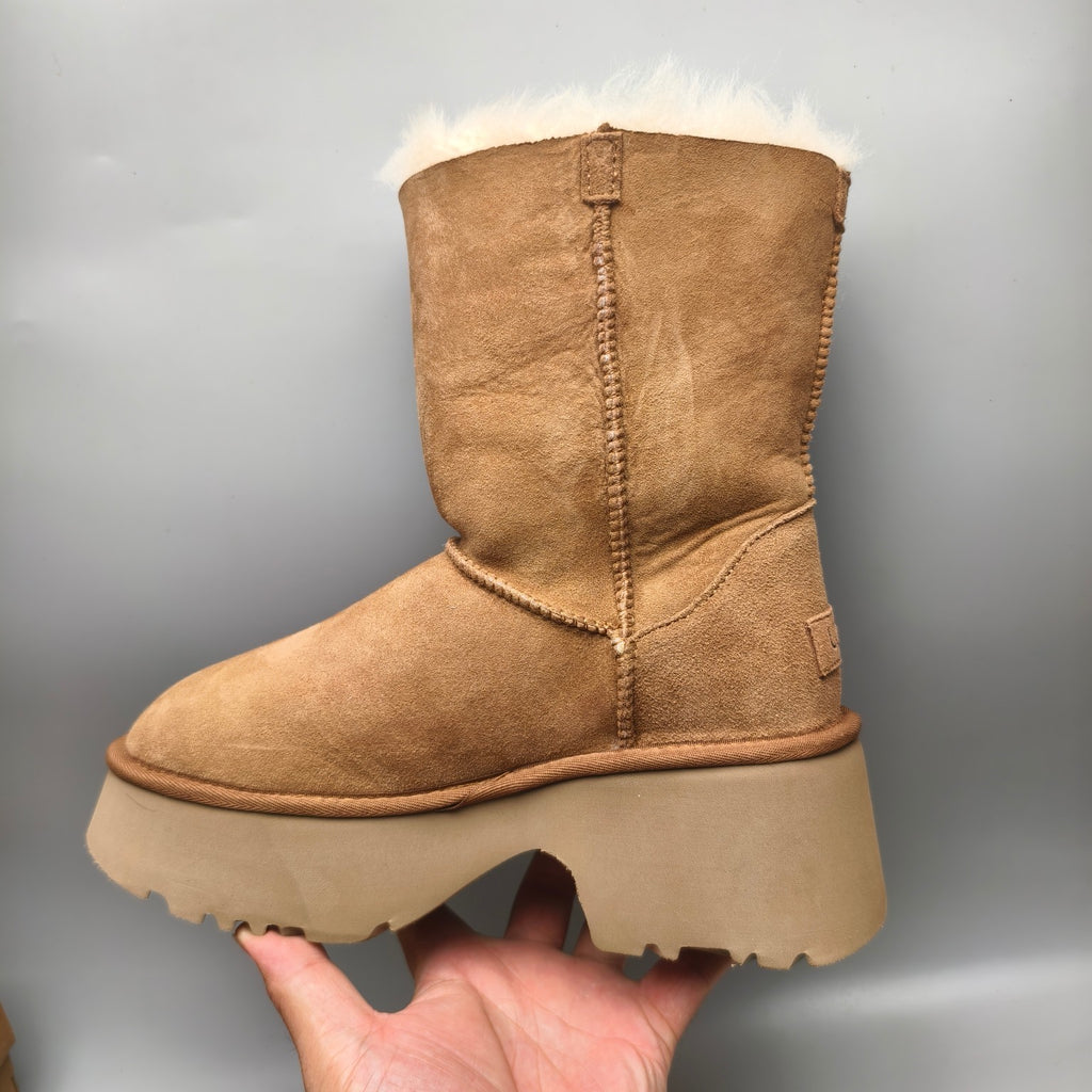 Chestnut Wedge Thick-Sole Mid-Calf Fashion Boots – In Stock