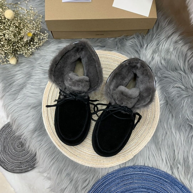 Black Fluffy Trim Lace-Up Ankle Boots – In Stock