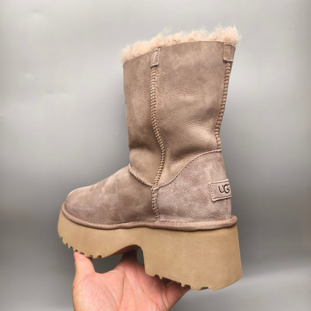 Walnut Wedge Thick-Sole Mid-Calf Fashion Boots – In Stock
