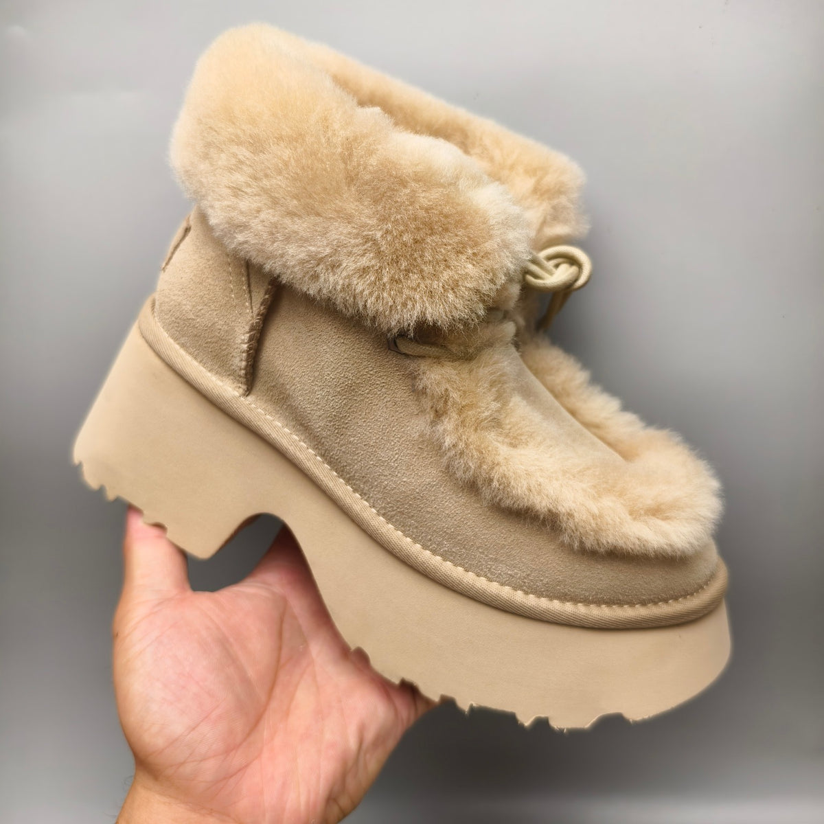 Mustard Esme Wedge Ankle Boots – Fluffy Lace-Up Style – In Stock