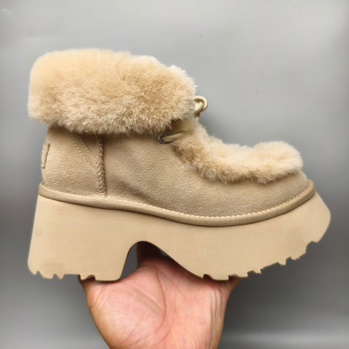 Mustard Esme Wedge Ankle Boots – Fluffy Lace-Up Style – In Stock