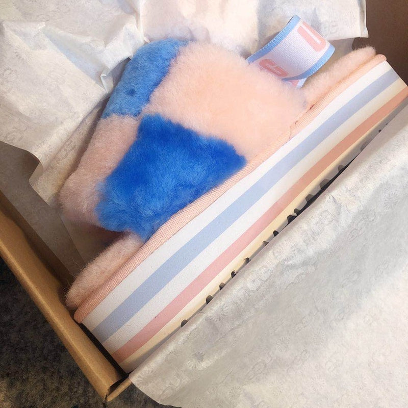 Pink Color-Block Platform Fuzzy Sandals – In Stock