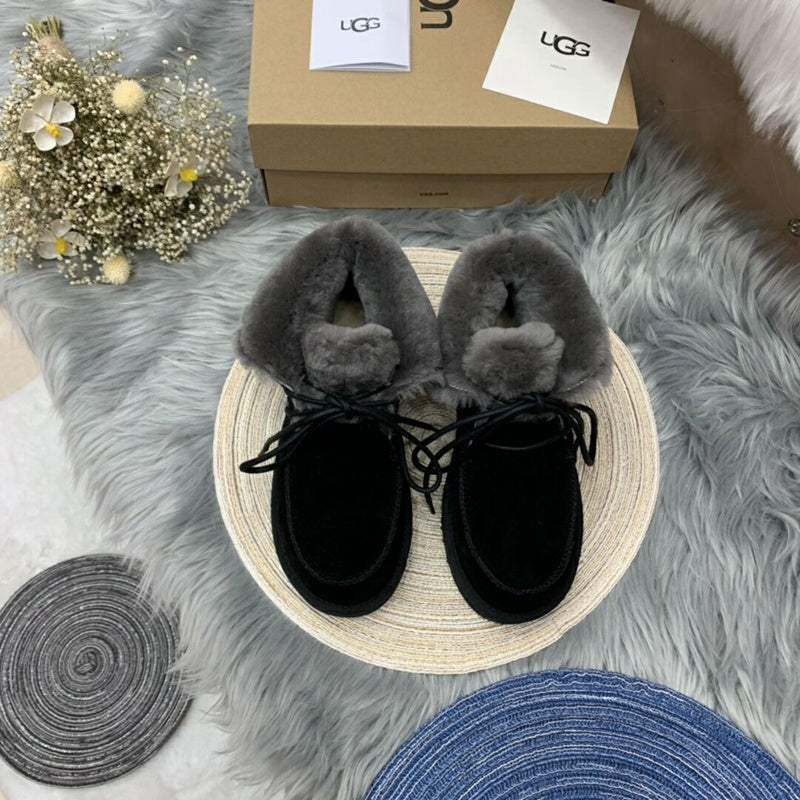 Black Fluffy Trim Lace-Up Ankle Boots – In Stock