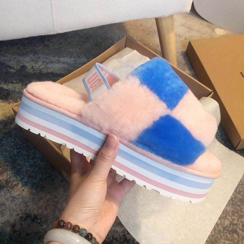 Pink Color-Block Platform Fuzzy Sandals – In Stock