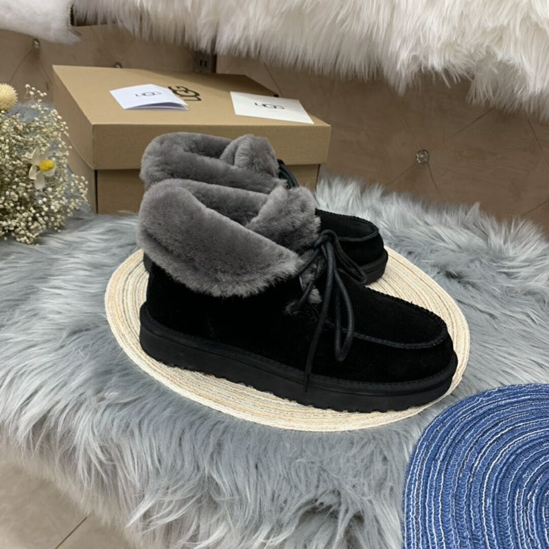 Black Fluffy Trim Lace-Up Ankle Boots – In Stock