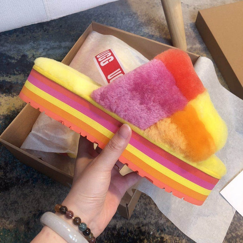 Yellow Color-Block Platform Fuzzy Sandals – In Stock