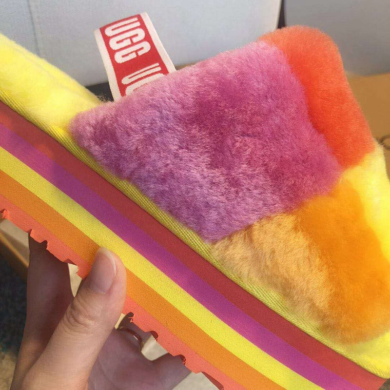 Yellow Color-Block Platform Fuzzy Sandals – In Stock