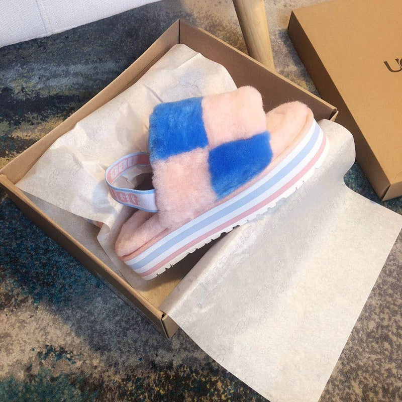 Pink Color-Block Platform Fuzzy Sandals – In Stock