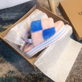 Pink Color-Block Platform Fuzzy Sandals – In Stock
