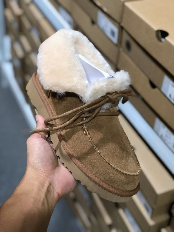 Chestnut Fluffy Trim Lace-Up Ankle Boots – In Stock