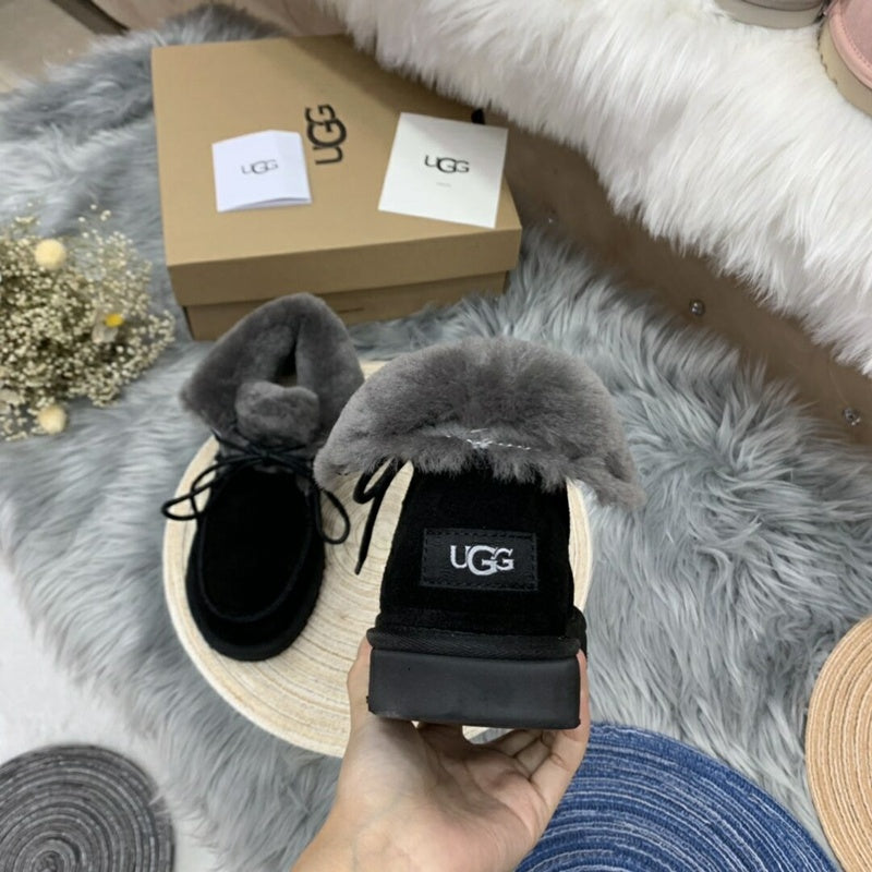 Black Fluffy Trim Lace-Up Ankle Boots – In Stock