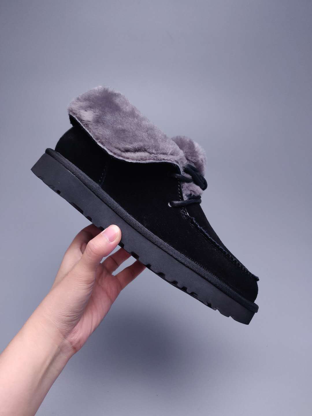 Black Fluffy Trim Lace-Up Ankle Boots – In Stock