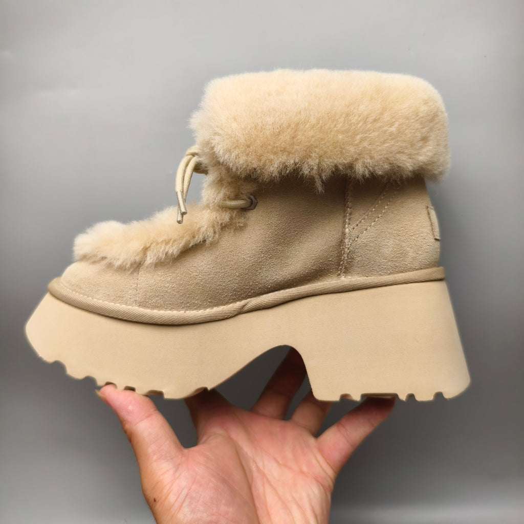 Mustard Esme Wedge Ankle Boots – Fluffy Lace-Up Style – In Stock