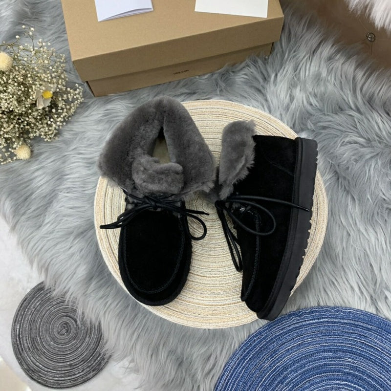 Black Fluffy Trim Lace-Up Ankle Boots – In Stock