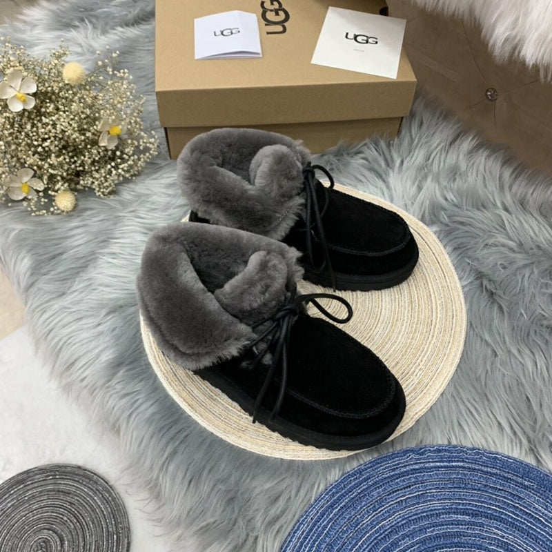 Black Fluffy Trim Lace-Up Ankle Boots – In Stock