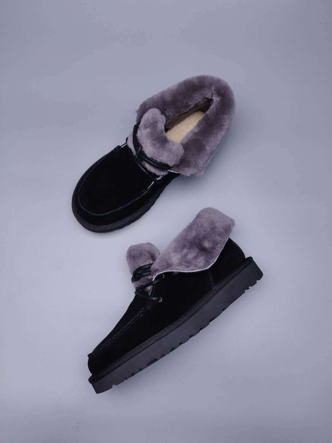 Black Fluffy Trim Lace-Up Ankle Boots – In Stock