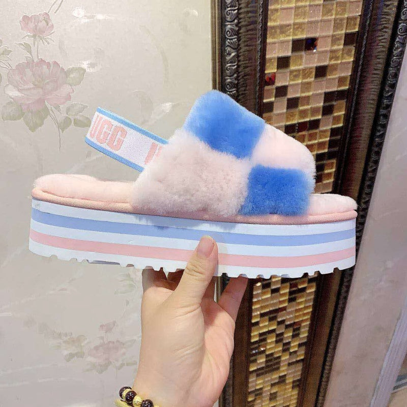 Pink Color-Block Platform Fuzzy Sandals – In Stock
