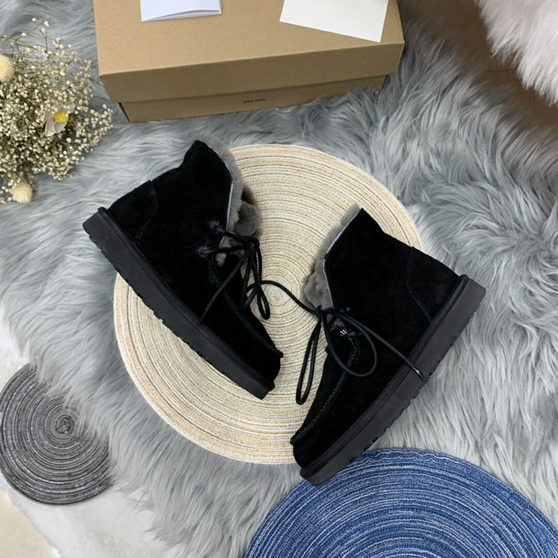 Black Fluffy Trim Lace-Up Ankle Boots – In Stock