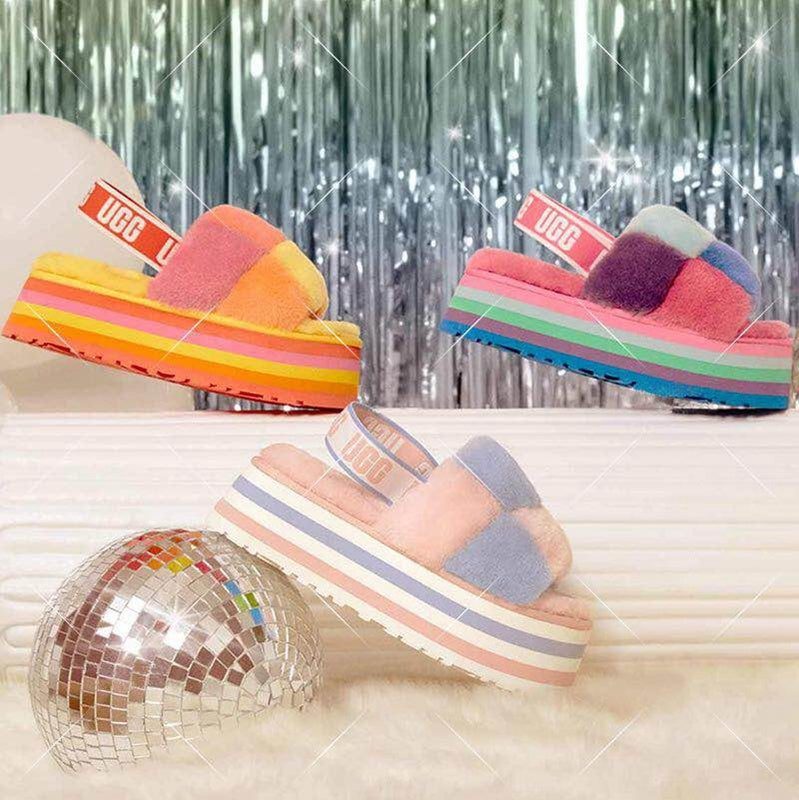 Yellow Color-Block Platform Fuzzy Sandals – In Stock
