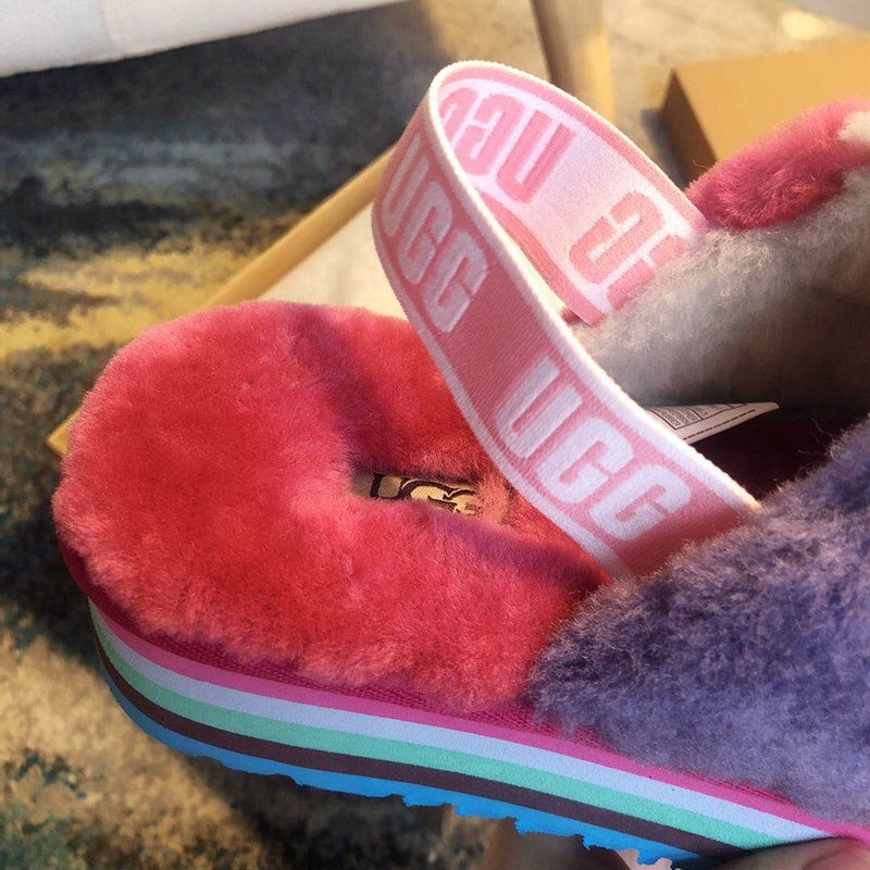 Rose Red Color-Block Platform Fuzzy Sandals – In Stock