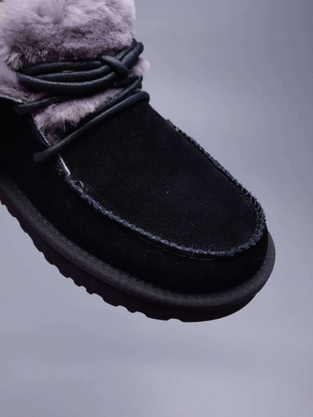 Black Fluffy Trim Lace-Up Ankle Boots – In Stock