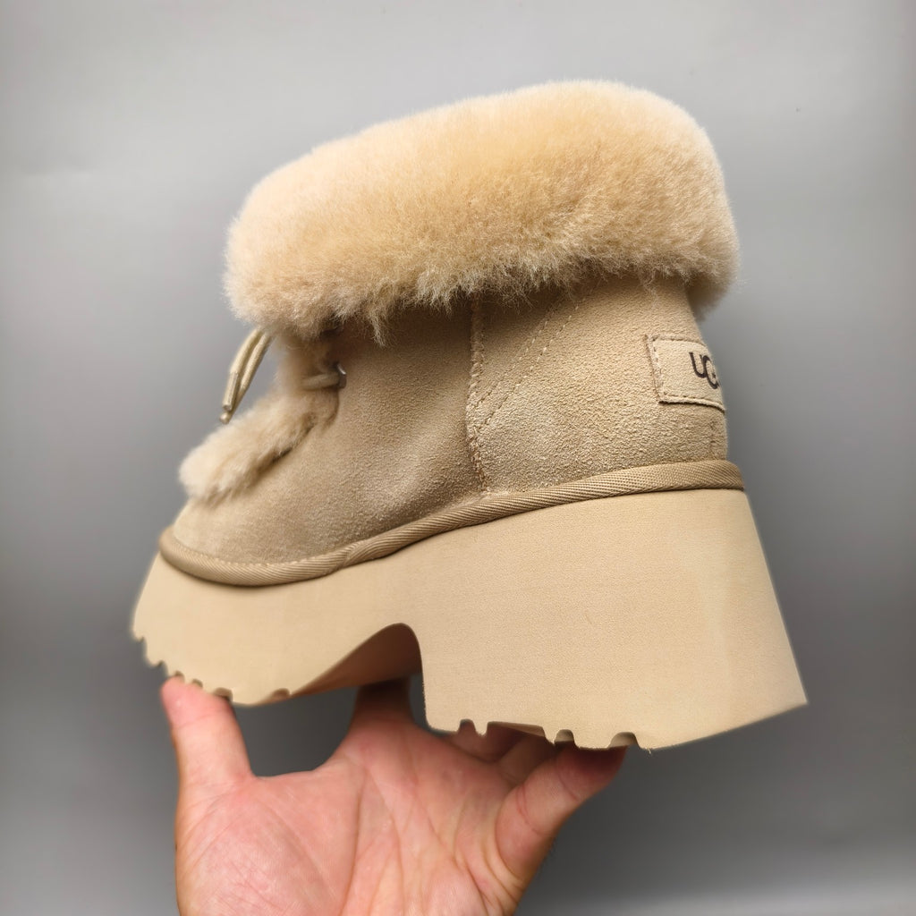 Mustard Esme Wedge Ankle Boots – Fluffy Lace-Up Style – In Stock