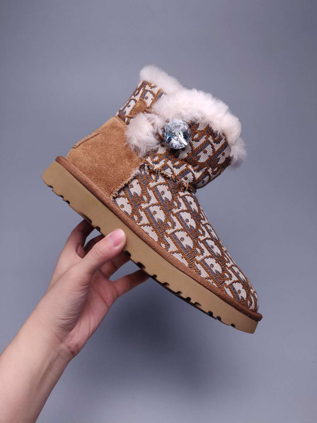 Chestnut Dior-Style Textured Fabric Boots – In Stock