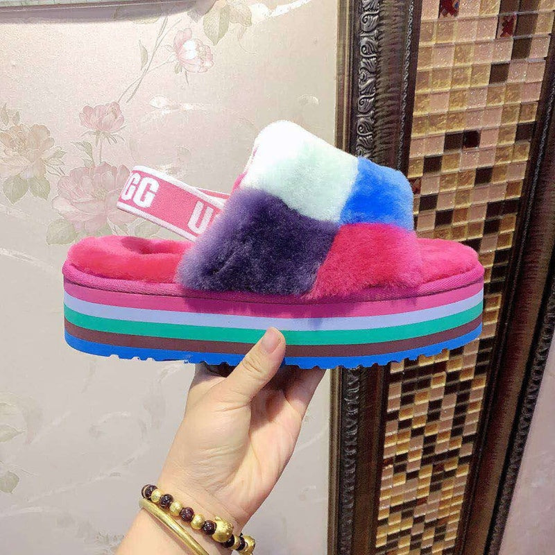 Rose Red Color-Block Platform Fuzzy Sandals – In Stock