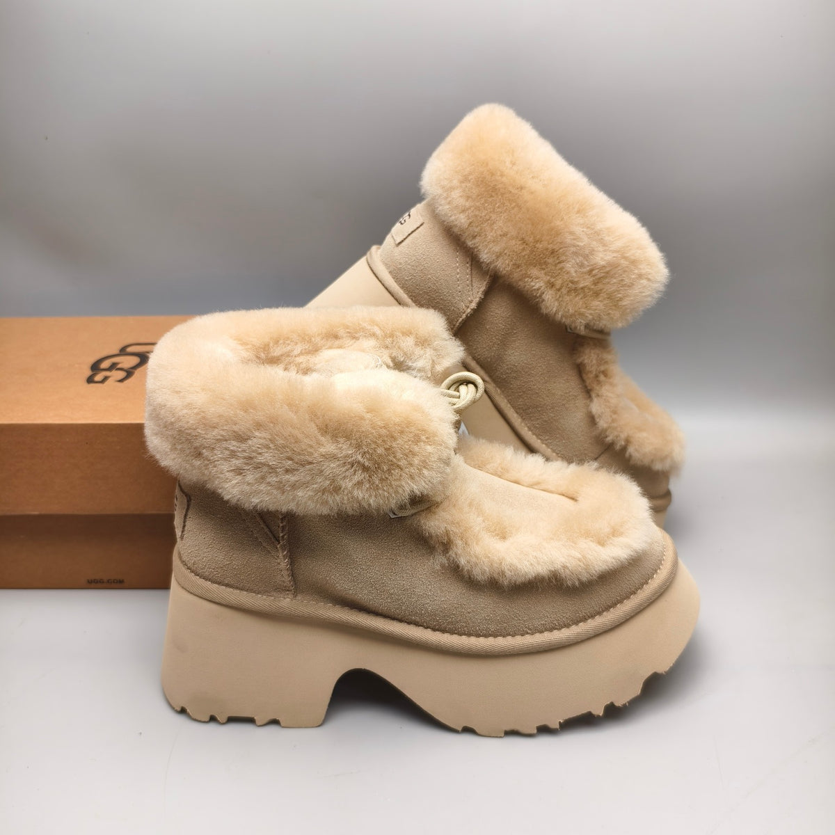 Mustard Esme Wedge Ankle Boots – Fluffy Lace-Up Style – In Stock